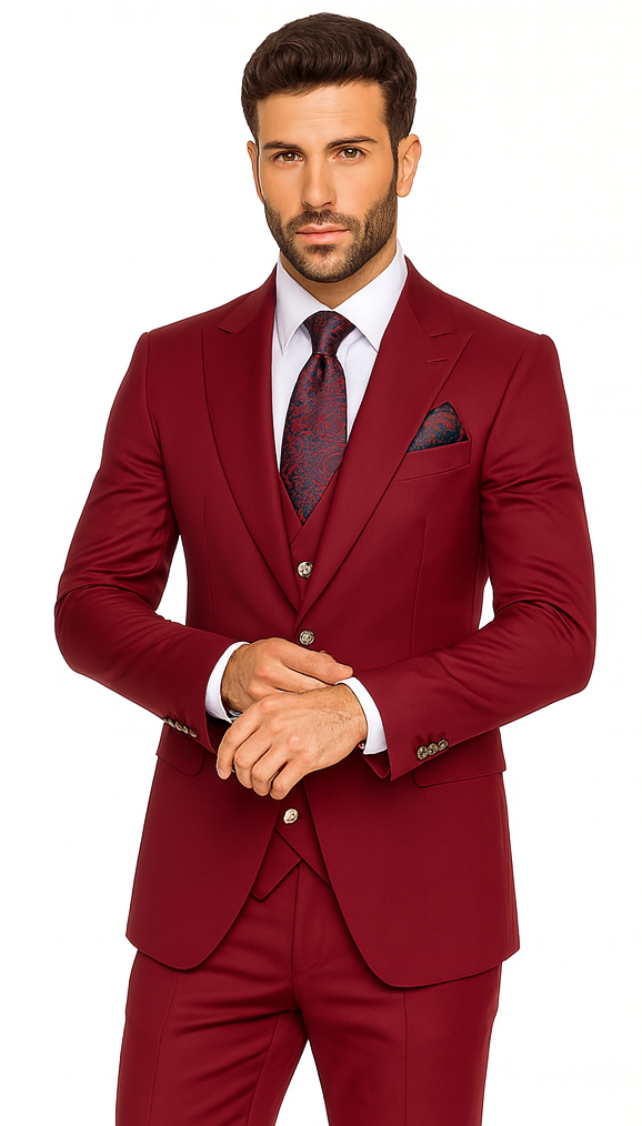 Rossiman Men’s Navy Blue Suit - Classic 1-Button Peak Lapel Jacket with Double-Breasted Vest by USA Men's Outlet