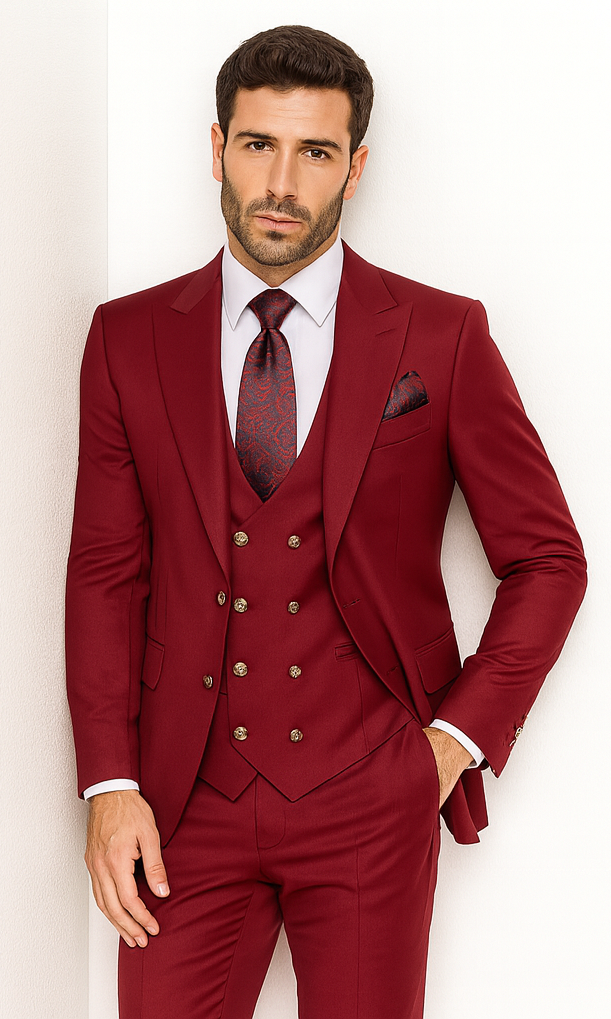 Rossiman Men’s Navy Blue Suit - Classic 1-Button Peak Lapel Jacket with Double-Breasted Vest by USA Men's Outlet