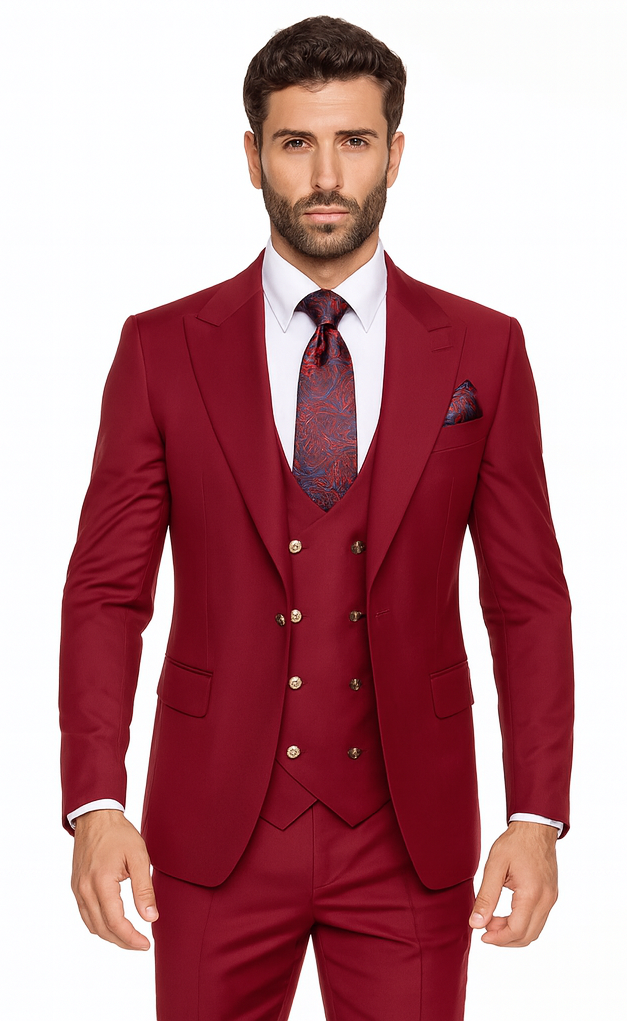 Rossiman Men’s Navy Blue Suit - Classic 1-Button Peak Lapel Jacket with Double-Breasted Vest by USA Men's Outlet