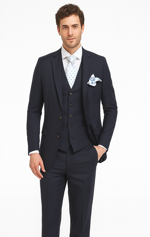 Rossi Man CYRUS RM116 Solid Navy Blue 3-Piece Suit - Men’s Formalwear at USA Men's Outlet