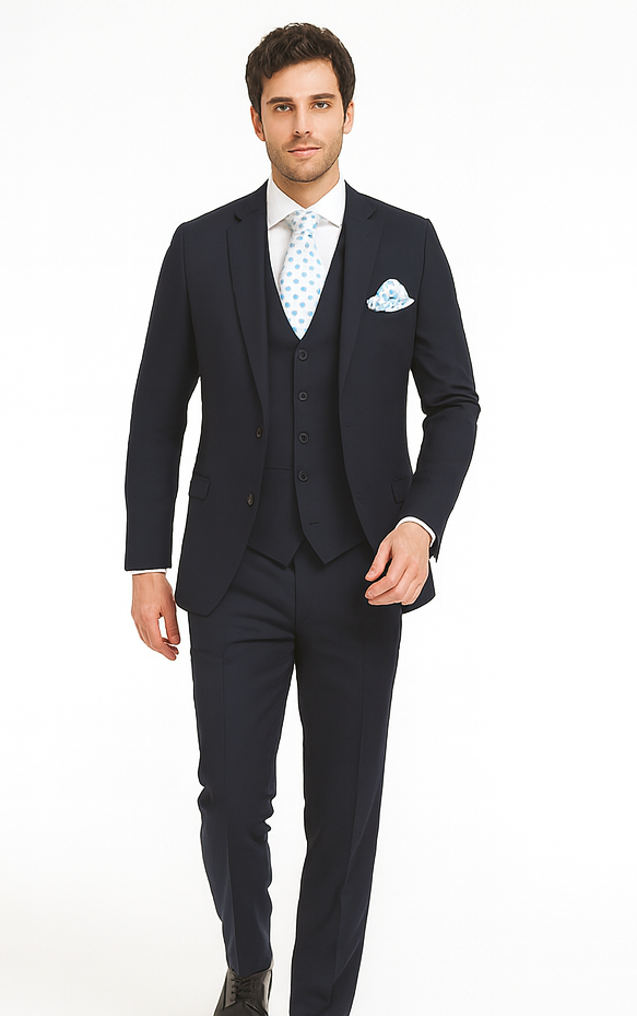 Rossi Man CYRUS RM116 Solid Navy Blue 3-Piece Suit - Men’s Formalwear at USA Men's Outlet