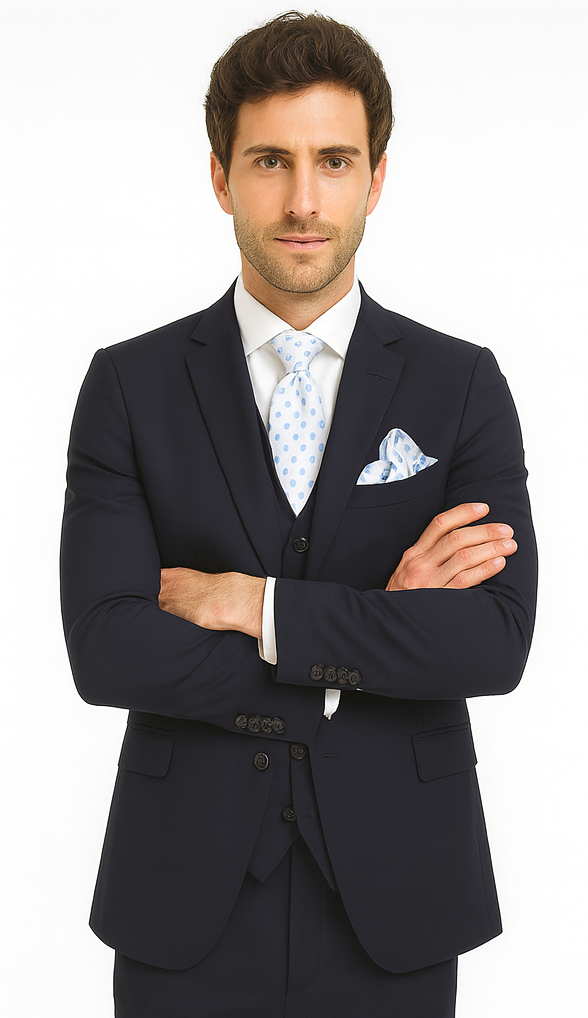 Rossi Man CYRUS RM116 Solid Navy Blue 3-Piece Suit - Men’s Formalwear at USA Men's Outlet
