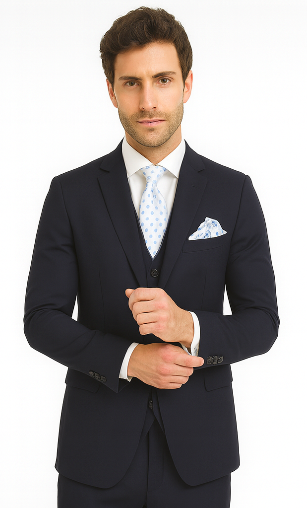 Rossi Man CYRUS RM116 Solid Navy Blue 3-Piece Suit - Men’s Formalwear at USA Men's Outlet