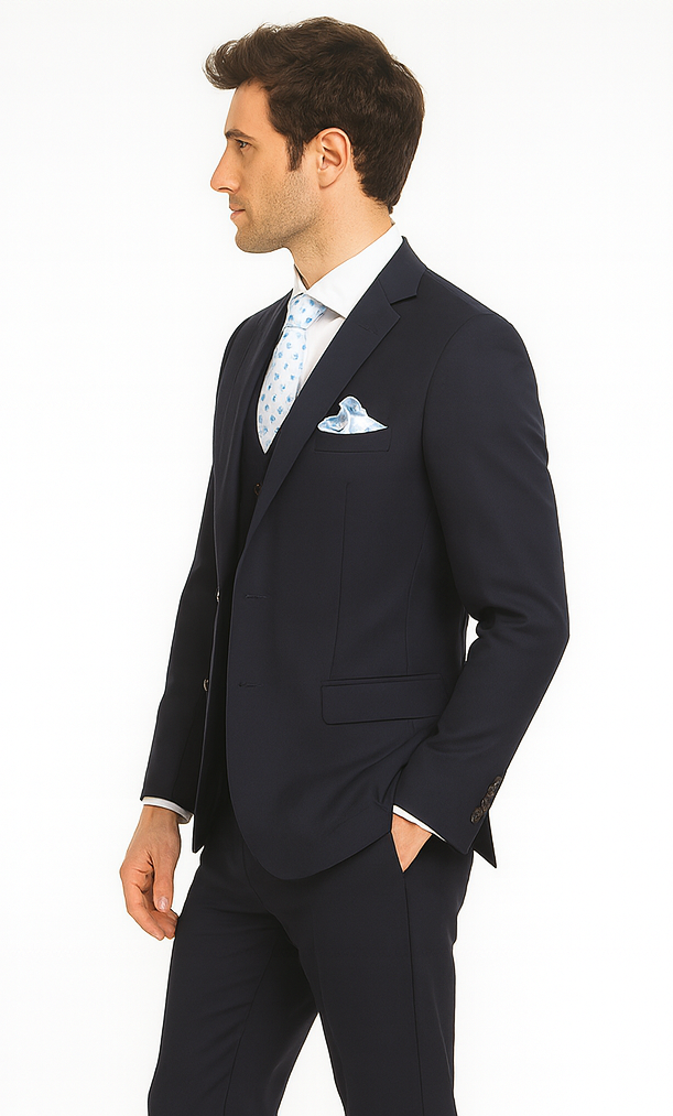 Rossi Man CYRUS RM116 Solid Navy Blue 3-Piece Suit - Men’s Formalwear at USA Men's Outlet