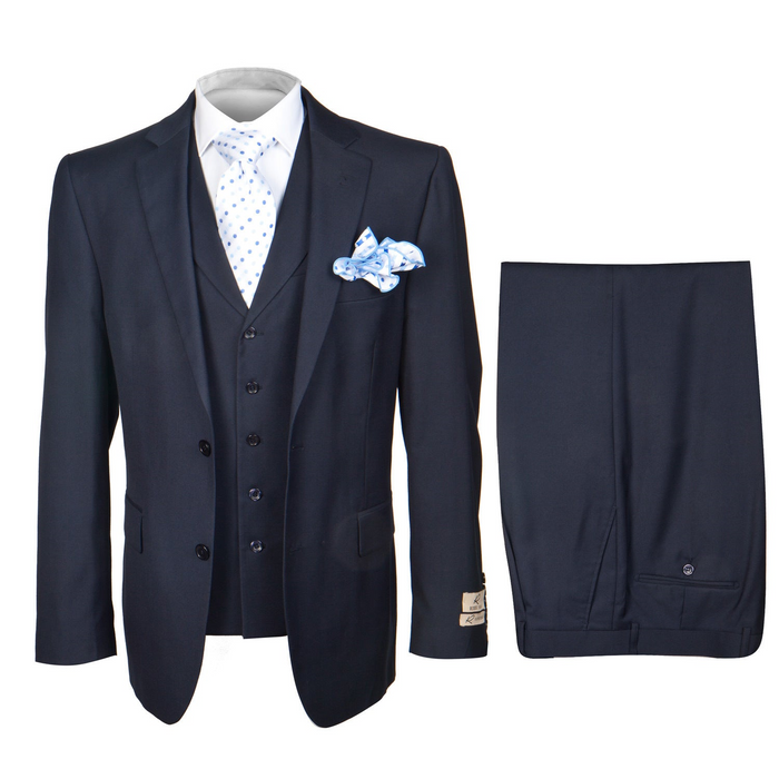 Rossi Man CYRUS RM116 Solid Navy Blue 3-Piece Suit - Men’s Formalwear at USA Men's Outlet