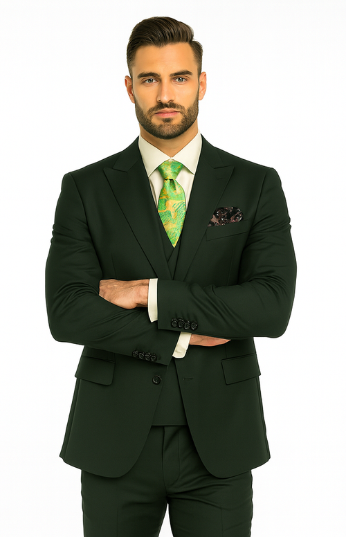 Rossi Man ELI RM117 Hunter Green 3-Piece Suit - Classic Men’s Formalwear USA Men's Outlet