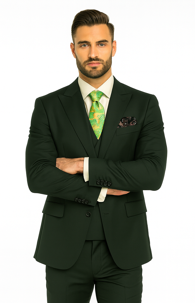Rossi Man ELI RM117 Hunter Green 3-Piece Suit - Classic Men’s Formalwear USA Men's Outlet