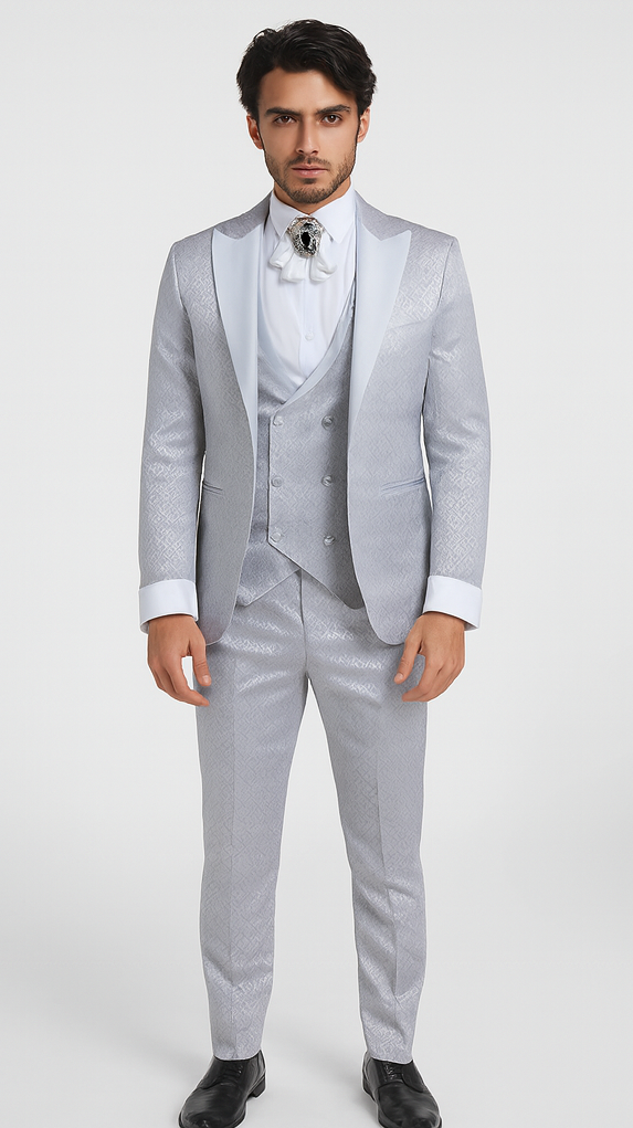 Rossi Man FORD RM1915 Men’s Slim Fit 3-Piece Silver Suit - Modern Formalwear for Events by USA Men's Outlet