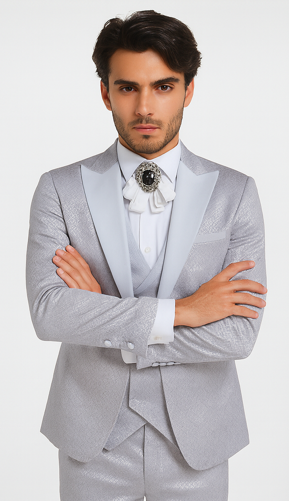 Rossi Man FORD RM1915 Men’s Slim Fit 3-Piece Silver Suit - Modern Formalwear for Events by USA Men's Outlet
