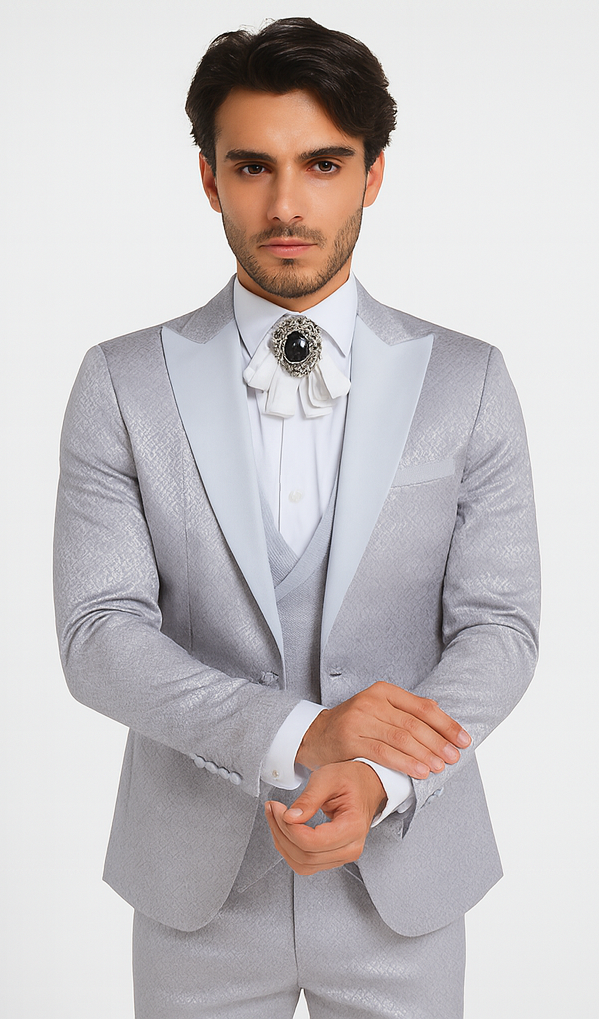 Rossi Man FORD RM1915 Men’s Slim Fit 3-Piece Silver Suit - Modern Formalwear for Events by USA Men's Outlet