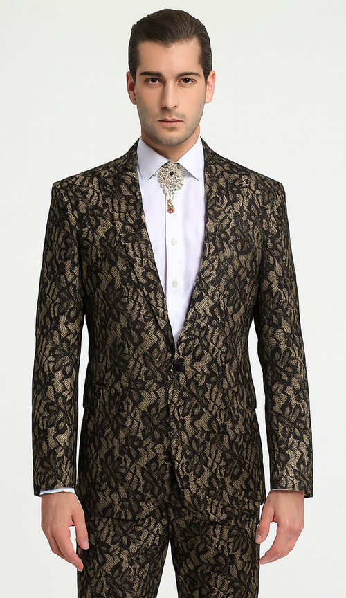 Rossi Man LEO RM1901 Men’s Slim Fit 3-Piece Gold & Black Designer Tuxedo - Formalwear for Events by USA Men's Outlet