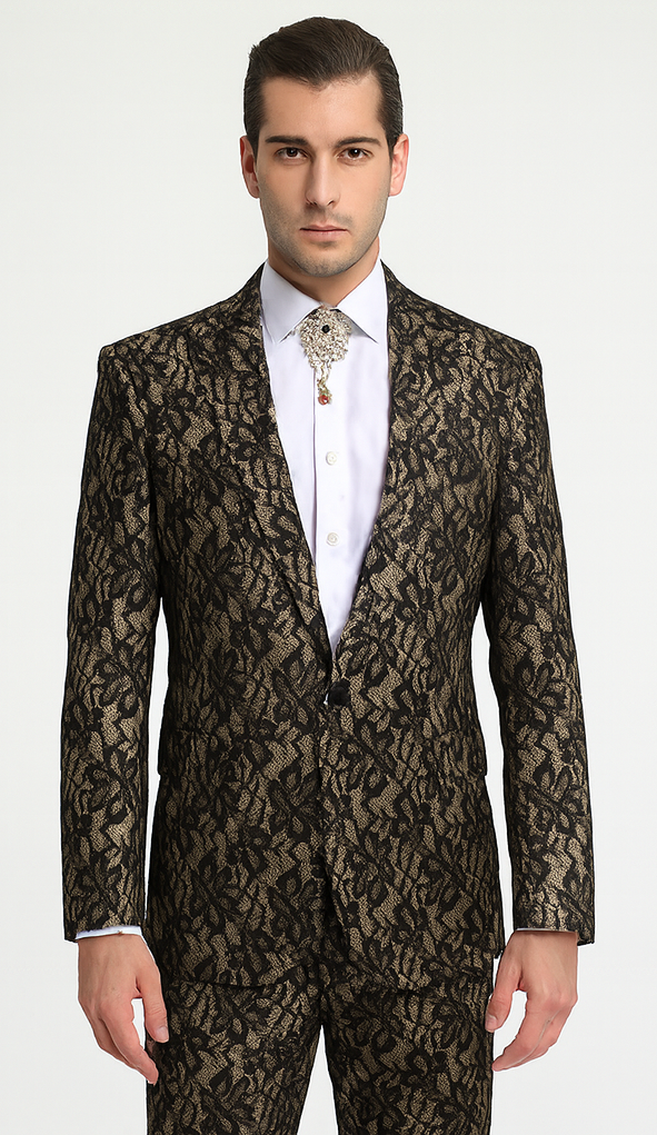 Rossi Man LEO RM1901 Men’s Slim Fit 3-Piece Gold & Black Designer Tuxedo - Formalwear for Events by USA Men's Outlet