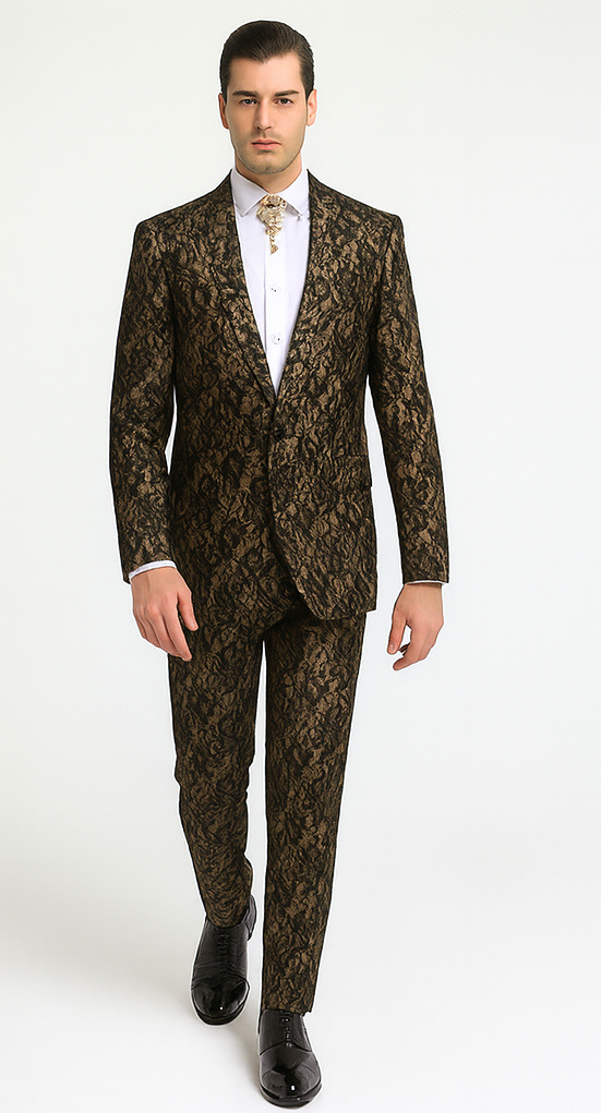 Rossi Man LEO RM1901 Men’s Slim Fit 3-Piece Gold & Black Designer Tuxedo - Formalwear for Events by USA Men's Outlet
