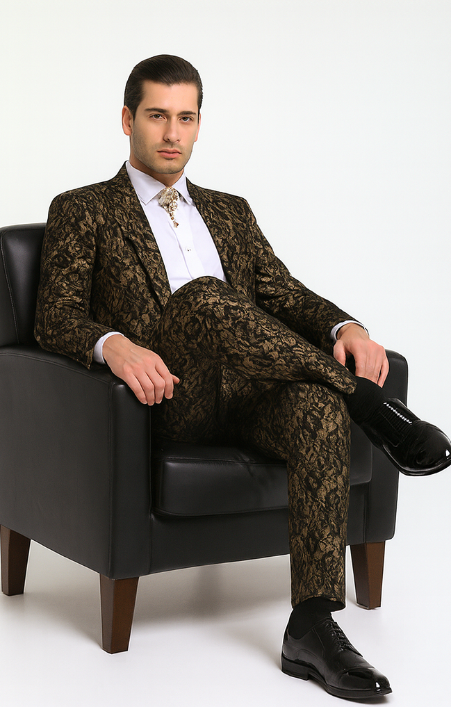 Rossi Man LEO RM1901 Men’s Slim Fit 3-Piece Gold & Black Designer Tuxedo - Formalwear for Events by USA Men's Outlet