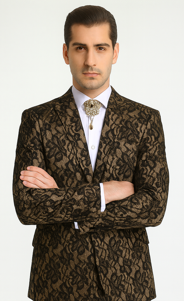 Rossi Man LEO RM1901 Men’s Slim Fit 3-Piece Gold & Black Designer Tuxedo - Formalwear for Events by USA Men's Outlet