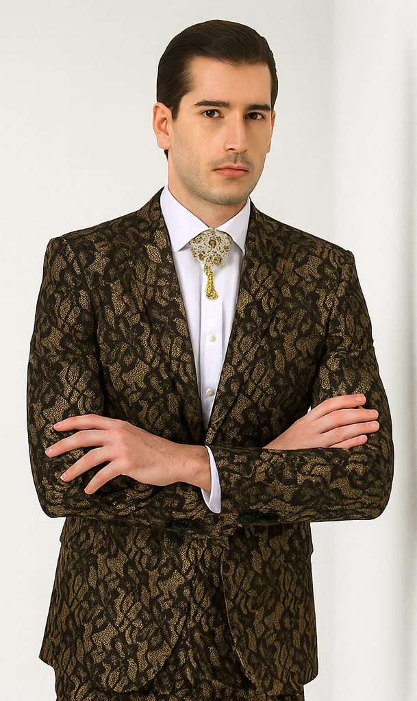 Rossi Man LEO RM1901 Men’s Slim Fit 3-Piece Gold & Black Designer Tuxedo - Formalwear for Events by USA Men's Outlet