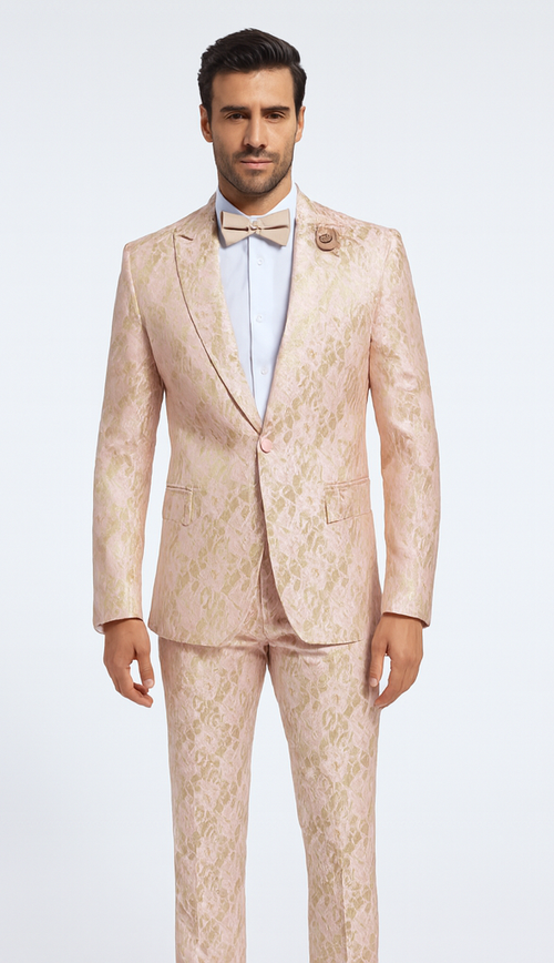 Rossi Man LEO RM1903 Men’s Slim Fit 3-Piece Pink & Gold Designer Tuxedo - Formalwear for Events by USA Men's Outlet
