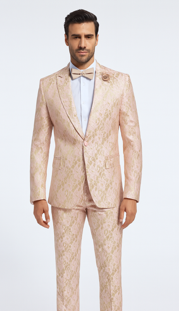 Rossi Man LEO RM1903 Men’s Slim Fit 3-Piece Pink & Gold Designer Tuxedo - Formalwear for Events by USA Men's Outlet