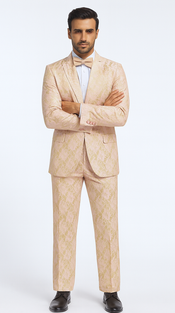 Rossi Man LEO RM1903 Men’s Slim Fit 3-Piece Pink & Gold Designer Tuxedo - Formalwear for Events by USA Men's Outlet