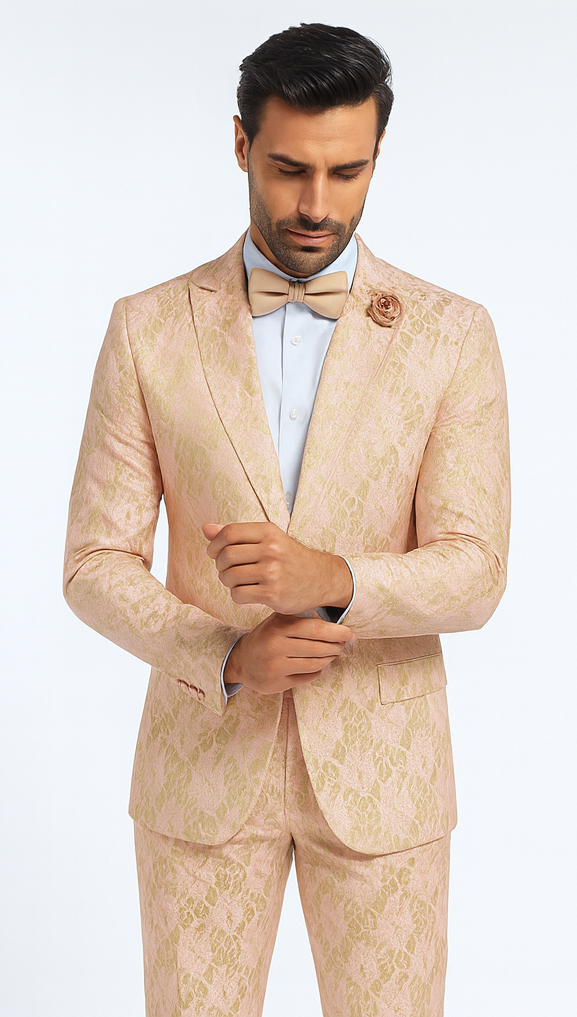 Rossi Man LEO RM1903 Men’s Slim Fit 3-Piece Pink & Gold Designer Tuxedo - Formalwear for Events by USA Men's Outlet
