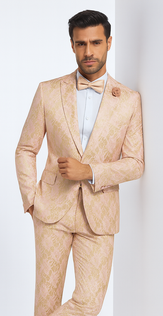 Rossi Man LEO RM1903 Men’s Slim Fit 3-Piece Pink & Gold Designer Tuxedo - Formalwear for Events by USA Men's Outlet