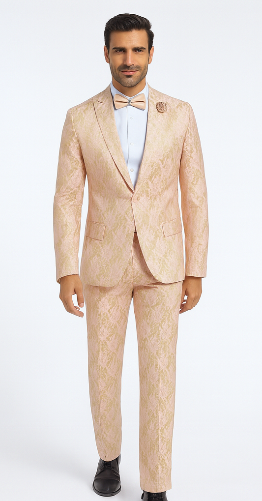 Rossi Man LEO RM1903 Men’s Slim Fit 3-Piece Pink & Gold Designer Tuxedo - Formalwear for Events by USA Men's Outlet