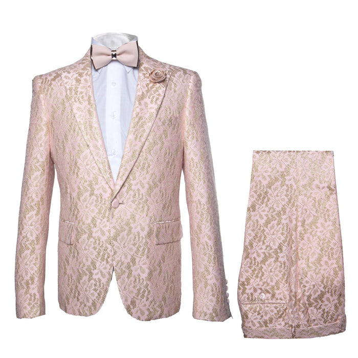 Rossi Man LEO RM1903 Men’s Slim Fit 3-Piece Pink & Gold Designer Tuxedo - Formalwear for Events by USA Men's Outlet