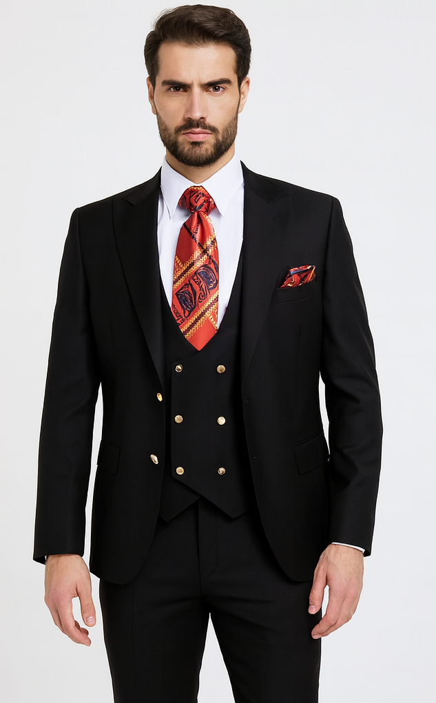 Rossi Man MAX RM1101 Black Slim Fit 3-Piece Suit - Men’s Modern Formalwear at USA Men's Outlet