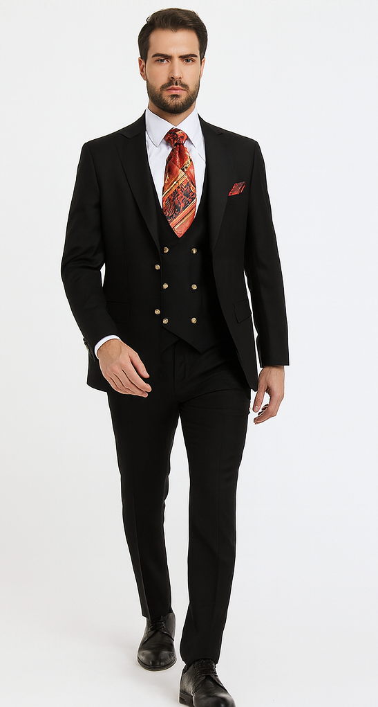 Rossi Man MAX RM1101 Black Slim Fit 3-Piece Suit - Men’s Modern Formalwear at USA Men's Outlet