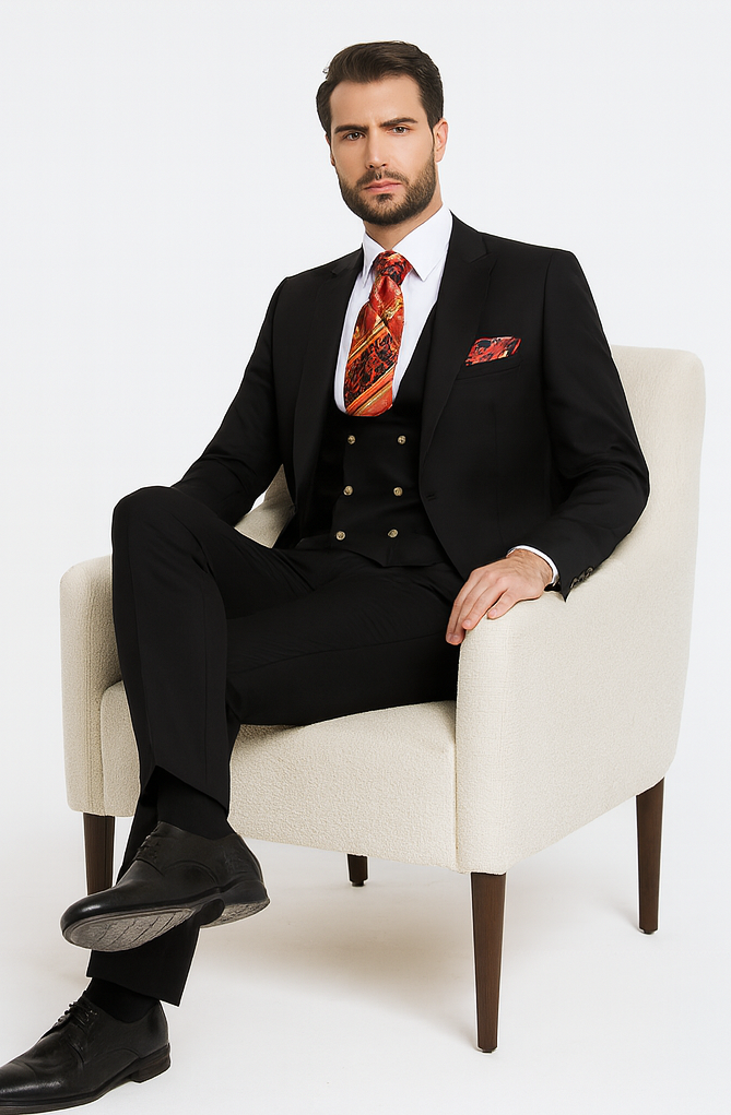 Rossi Man MAX RM1101 Black Slim Fit 3-Piece Suit - Men’s Modern Formalwear at USA Men's Outlet