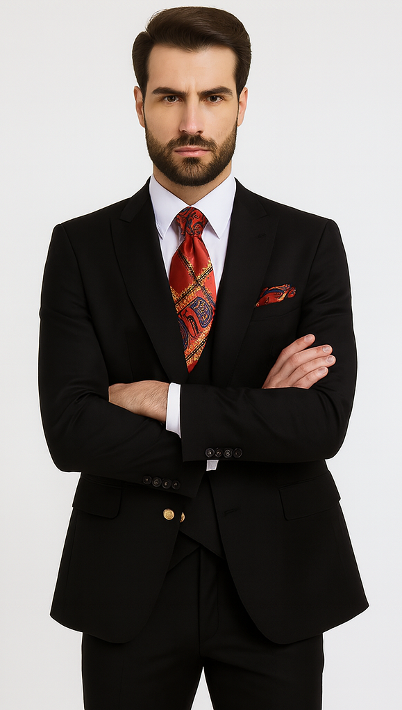 Rossi Man MAX RM1101 Black Slim Fit 3-Piece Suit - Men’s Modern Formalwear at USA Men's Outlet