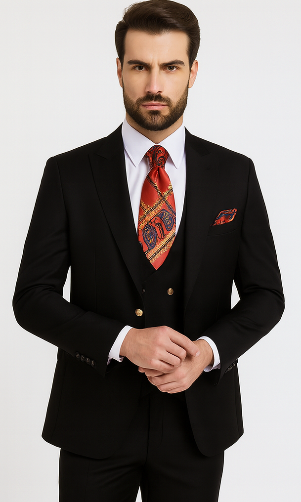 Rossi Man MAX RM1101 Black Slim Fit 3-Piece Suit - Men’s Modern Formalwear at USA Men's Outlet