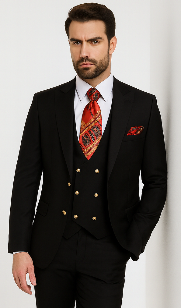 Rossi Man MAX RM1101 Black Slim Fit 3-Piece Suit - Men’s Modern Formalwear at USA Men's Outlet