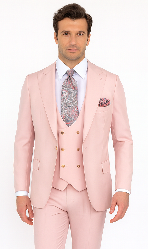 Rossi Man MAX RM1203 Slim Fit 3-Piece Suit - Solid Pink Formalwear for Men by USA Men's Outlet