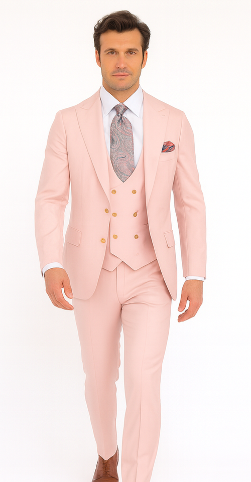 Rossi Man MAX RM1203 Slim Fit 3-Piece Suit - Solid Pink Formalwear for Men by USA Men's Outlet