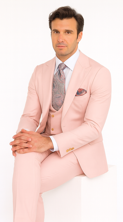 Rossi Man MAX RM1203 Slim Fit 3-Piece Suit - Solid Pink Formalwear for Men by USA Men's Outlet