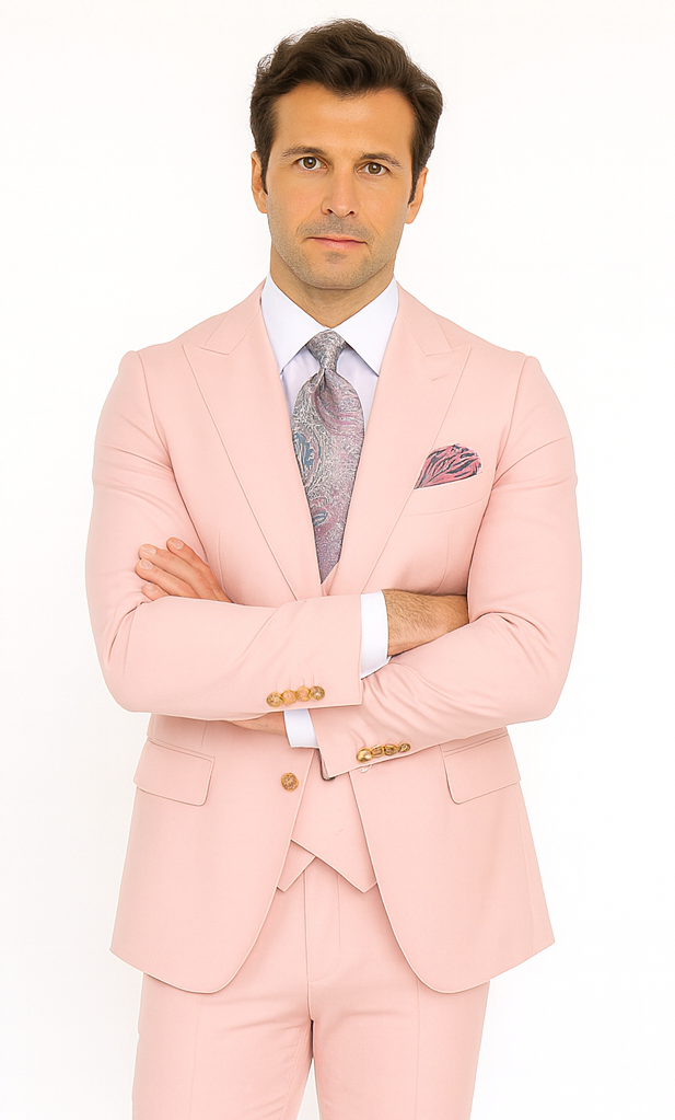 Rossi Man MAX RM1203 Slim Fit 3-Piece Suit - Solid Pink Formalwear for Men by USA Men's Outlet