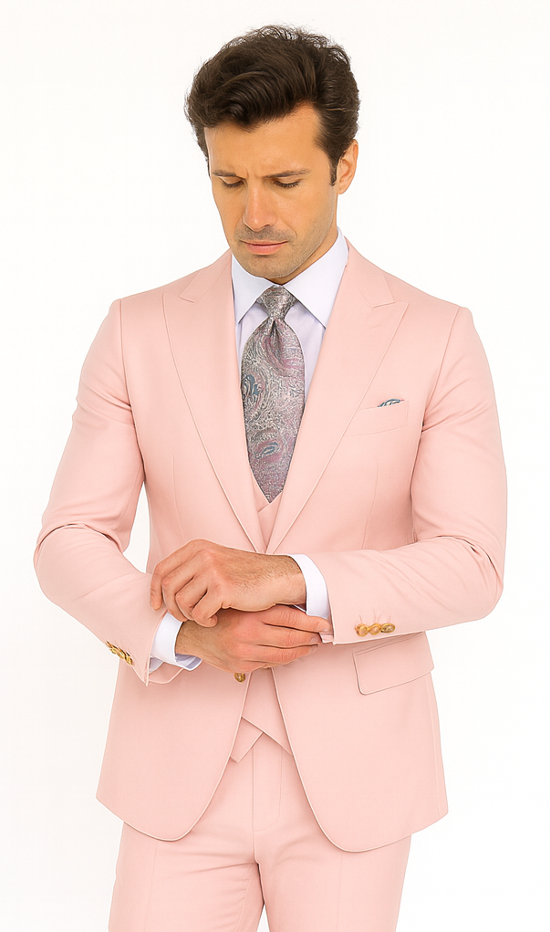 Rossi Man MAX RM1203 Slim Fit 3-Piece Suit - Solid Pink Formalwear for Men by USA Men's Outlet