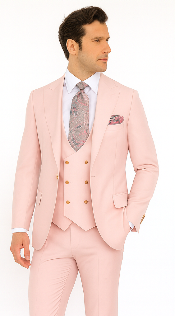 Rossi Man MAX RM1203 Slim Fit 3-Piece Suit - Solid Pink Formalwear for Men by USA Men's Outlet