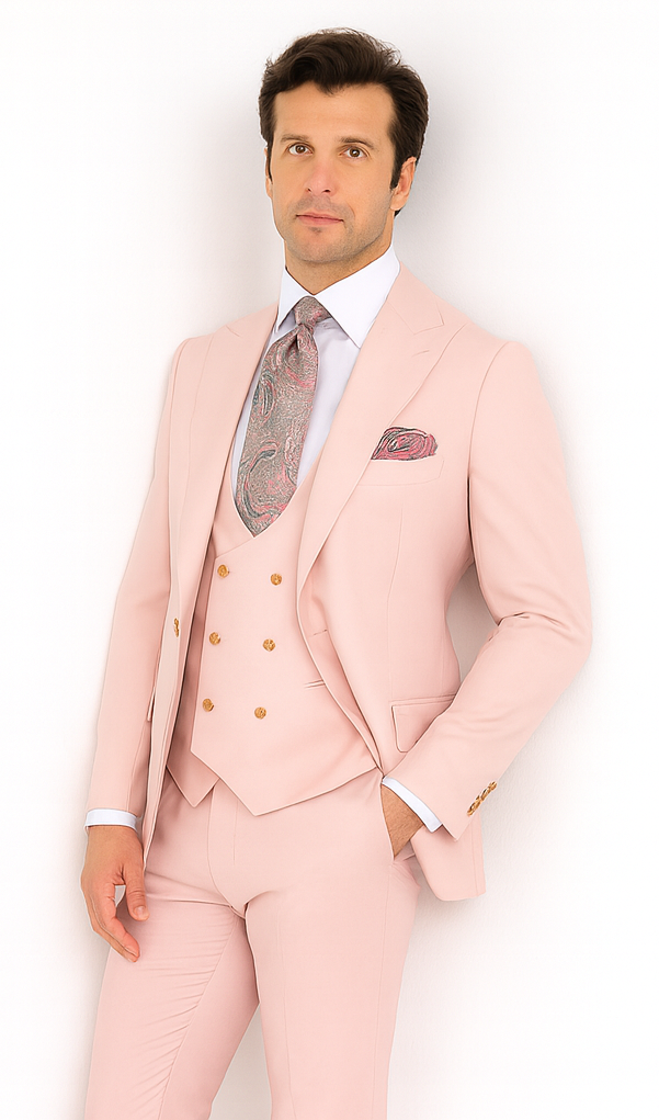 Rossi Man MAX RM1203 Slim Fit 3-Piece Suit - Solid Pink Formalwear for Men by USA Men's Outlet