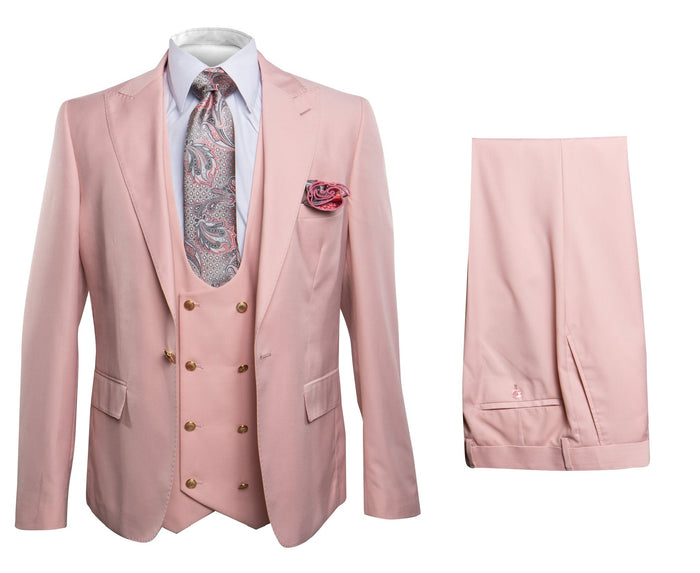Rossi Man MAX RM1203 Slim Fit 3-Piece Suit - Solid Pink Formalwear for Men by USA Men's Outlet