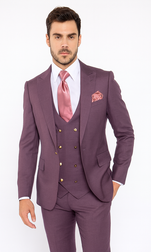Rossi Man MAX RM1381 Slim Fit 3-Piece Suit - Solid Raspberry Suit for Men by USA Men's Outlet