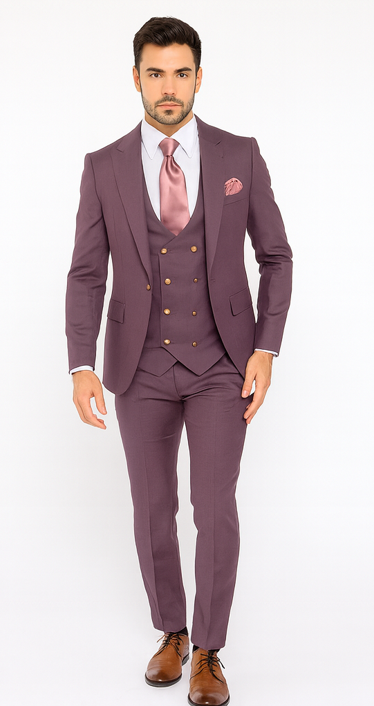 Rossi Man MAX RM1381 Slim Fit 3-Piece Suit - Solid Raspberry Suit for Men by USA Men's Outlet