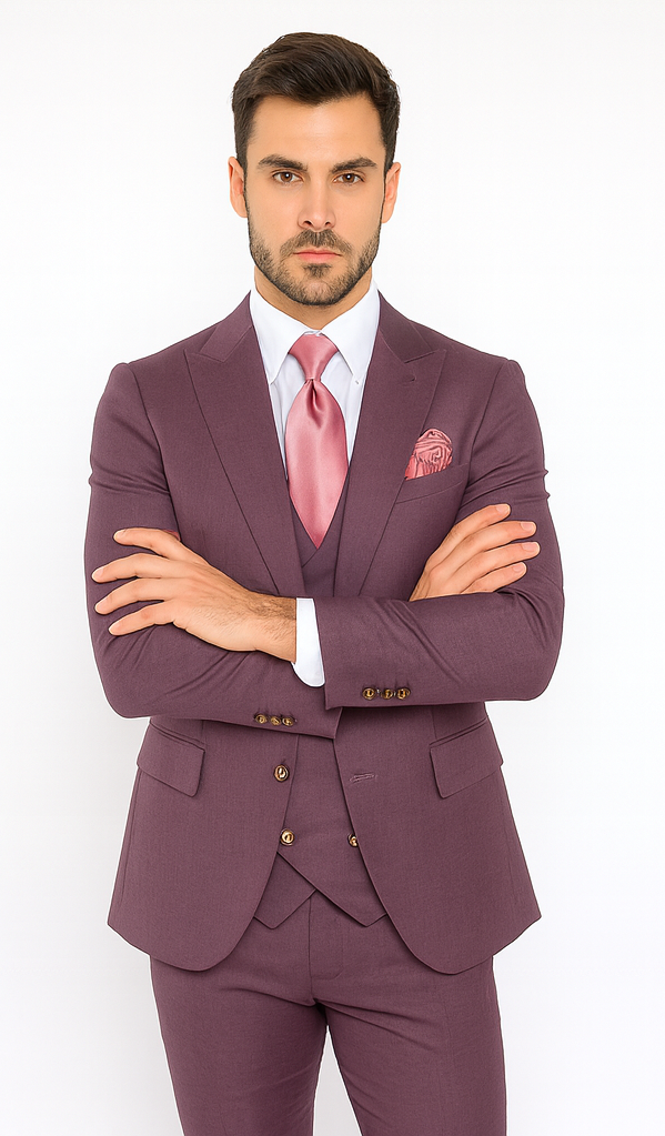 Rossi Man MAX RM1381 Slim Fit 3-Piece Suit - Solid Raspberry Suit for Men by USA Men's Outlet