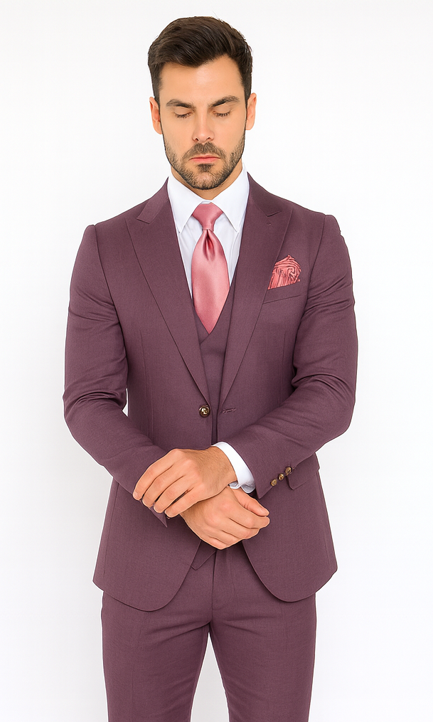 Rossi Man MAX RM1381 Slim Fit 3-Piece Suit - Solid Raspberry Suit for Men by USA Men's Outlet
