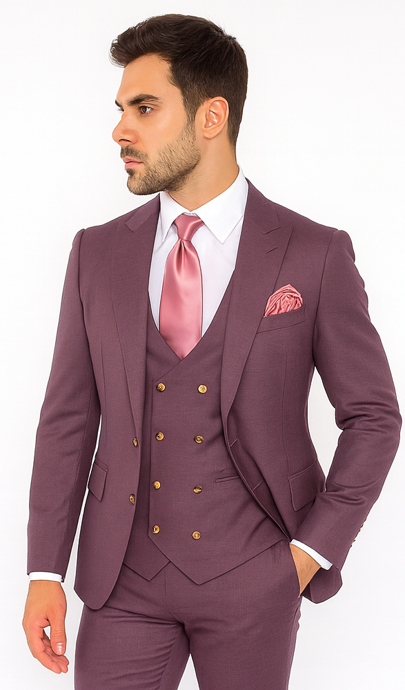 Rossi Man MAX RM1381 Slim Fit 3-Piece Suit - Solid Raspberry Suit for Men by USA Men's Outlet