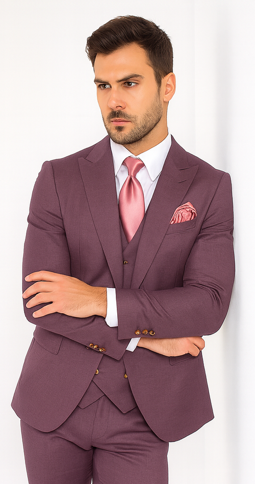 Rossi Man MAX RM1381 Slim Fit 3-Piece Suit - Solid Raspberry Suit for Men by USA Men's Outlet