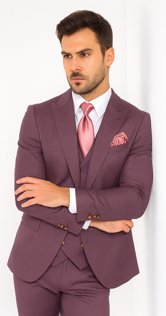 Rossi Man MAX RM1381 Slim Fit 3-Piece Suit - Solid Raspberry Suit for Men by USA Men's Outlet