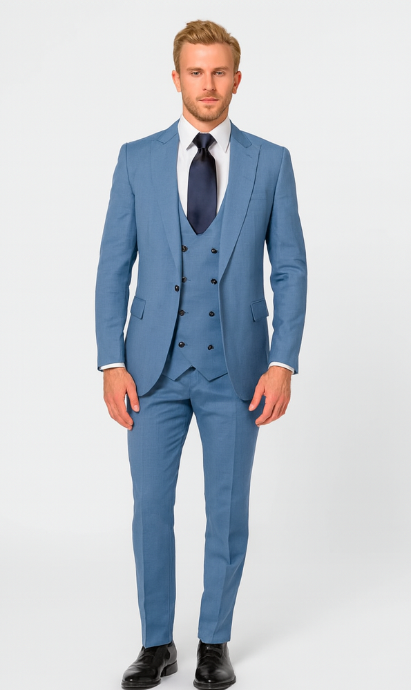 Rossi Man MAX RM1387 Slim Fit 3-Piece Suit - Solid Blue Formalwear for Men USA Men's Outlet