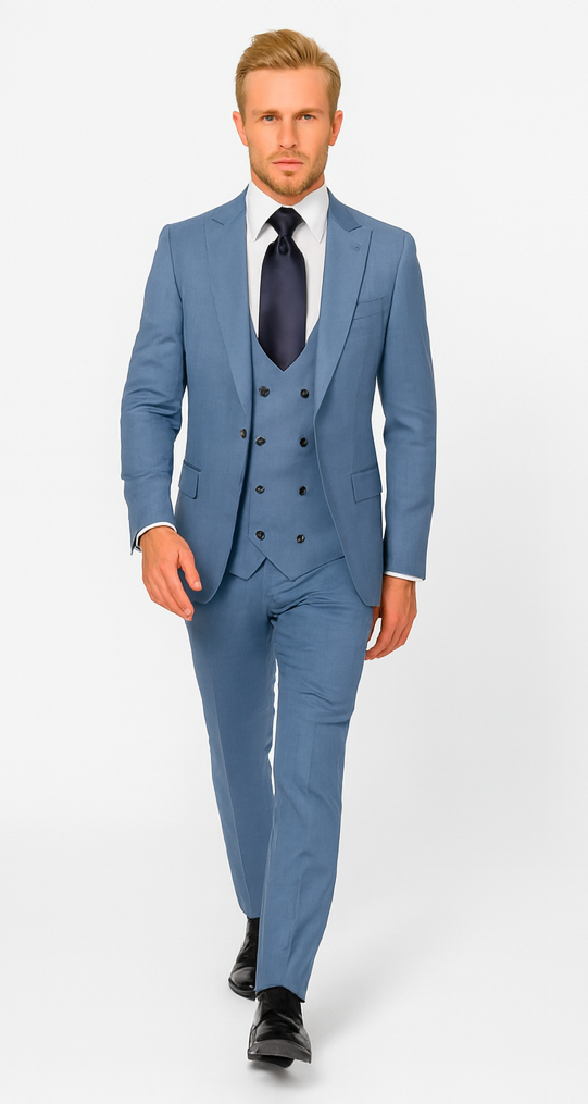 Rossi Man MAX RM1387 Slim Fit 3-Piece Suit - Solid Blue Formalwear for Men USA Men's Outlet